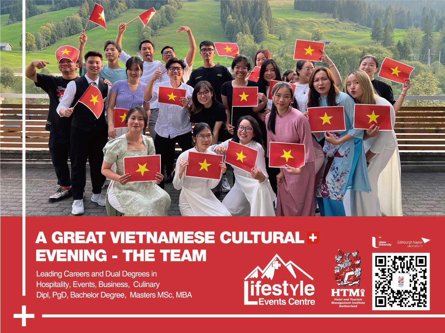 Tập thể cộng đồng sinh viên Việt Nam tổ chức sự kiện giao lưu văn hóa tại Học viện HTMi Thụy Sĩ.