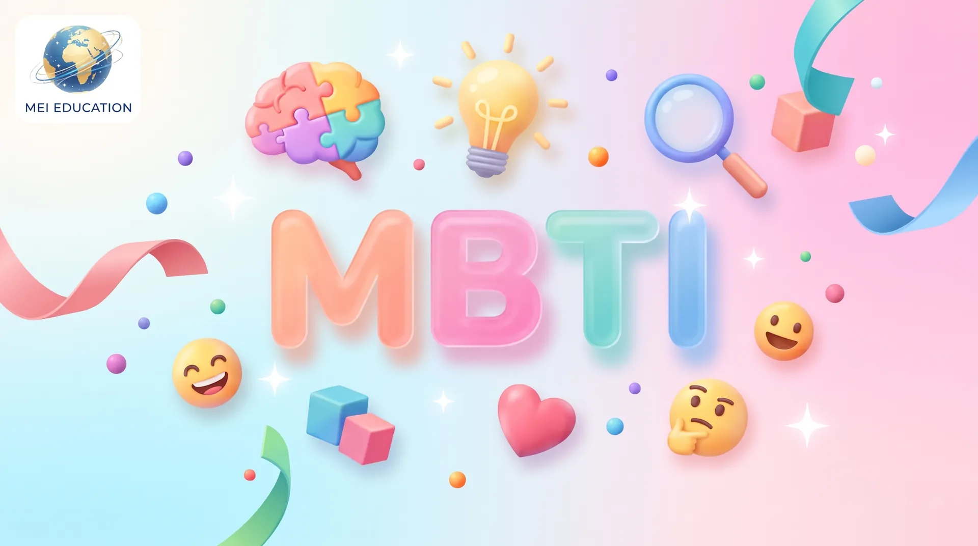 Tham gia trắc nghiệm tính cách MBTI định hướng tương lai cùng MEI Education Hình ảnh đồ họa 3D phong cách pastel với chữ MBTI và các biểu tượng tư duy, cảm xúc, minh họa cho bài trắc nghiệm tính cách từ MEI Education.