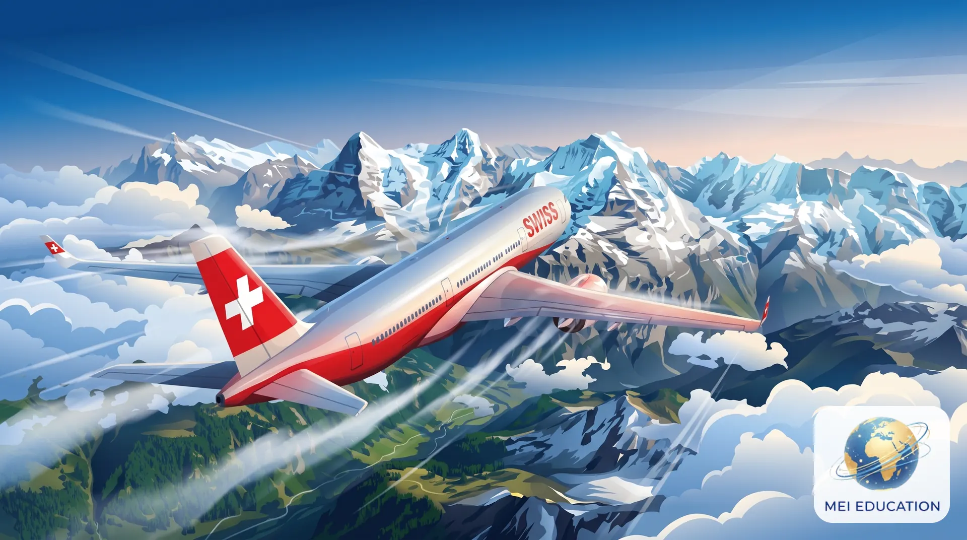 Hình ảnh đồ họa chiếc máy bay Swiss vút bay qua dãy núi Alps, minh họa cho sự khởi đầu của hành trình du học Thụy Sĩ sau khi hoàn thiện hồ sơ.