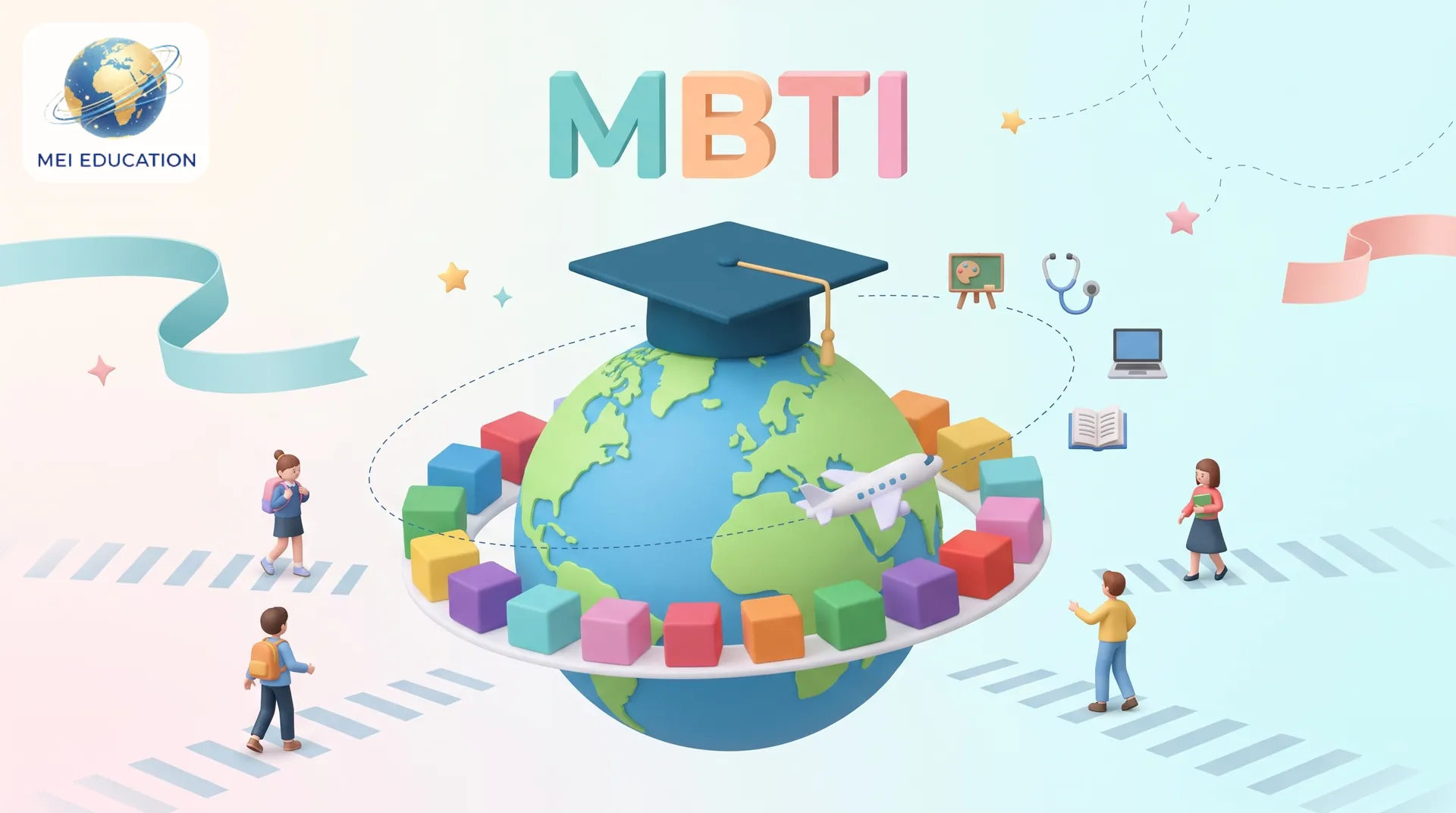 Tư vấn chọn ngành du học thế giới chuẩn xác qua MBTI cùng MEI Education Hình ảnh đồ họa 3D mô tả quả địa cầu đội mũ cử nhân và các bạn học sinh, minh họa cho phương pháp ứng dụng trắc nghiệm MBTI để chọn ngành du học thế giới.