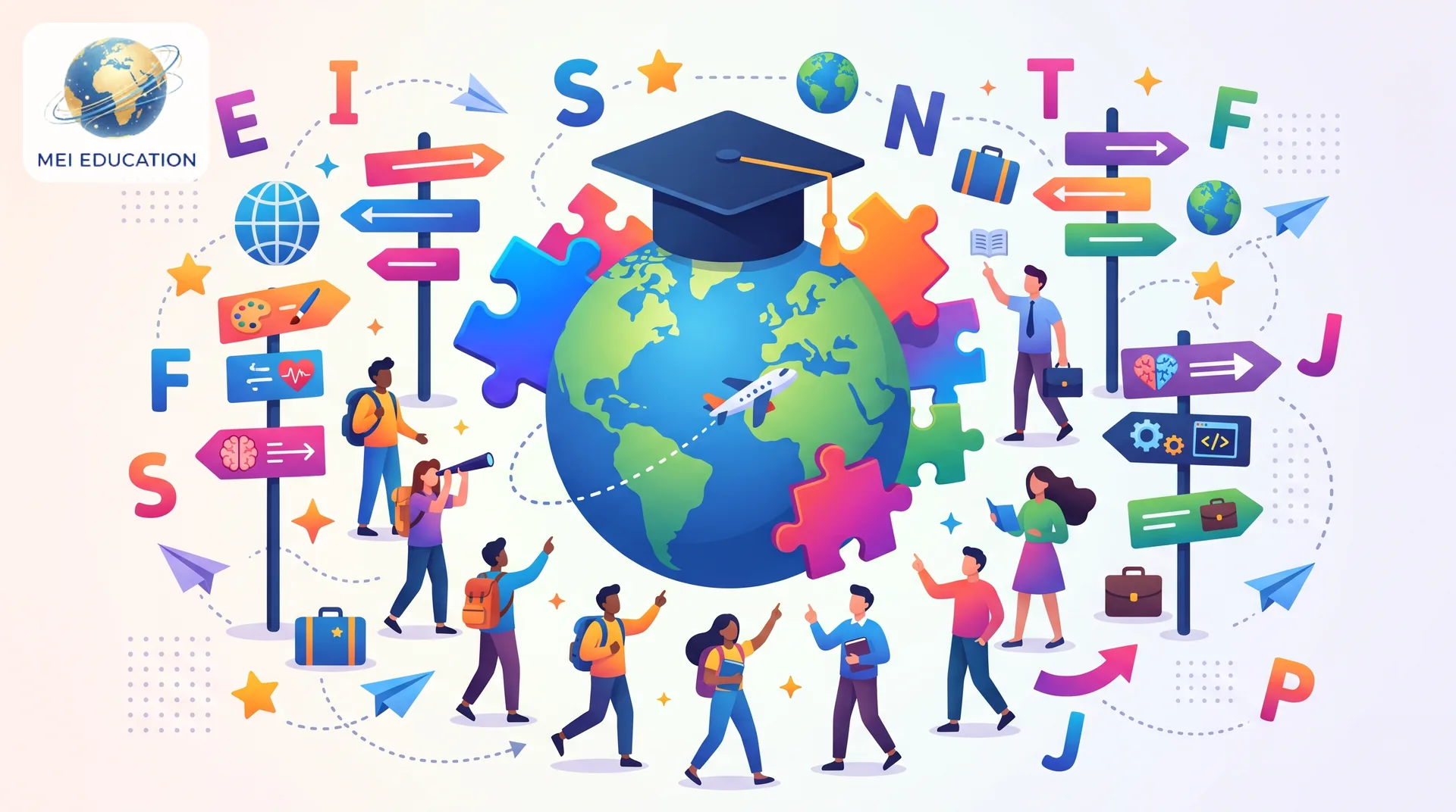 Định hướng nghề nghiệp du học qua bài trắc nghiệm MBTI cùng MEI Education Hình ảnh đồ họa minh họa các nhóm tính cách MBTI xoay quanh quả địa cầu và học sinh, hỗ trợ định hướng nghề nghiệp du học từ MEI Education.