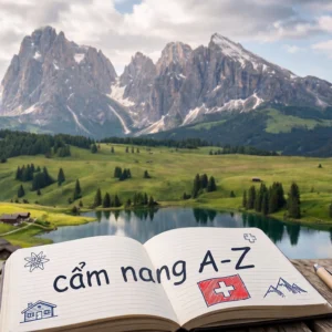 Hình ảnh cuốn sổ tay ghi dòng chữ cẩm nang A-Z với phác họa lá cờ Thụy Sĩ trên nền phong cảnh dãy Alps hùng vĩ, minh họa cho cẩm nang du học Thụy Sĩ toàn tập.