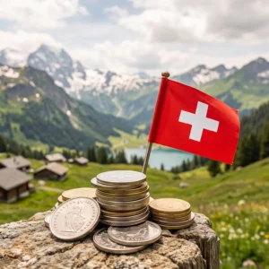 Hình ảnh những đồng xu Franc và lá cờ Thụy Sĩ đặt trước phong cảnh dãy Alps hùng vĩ, minh họa cho chủ đề chi phí du học Thụy Sĩ.