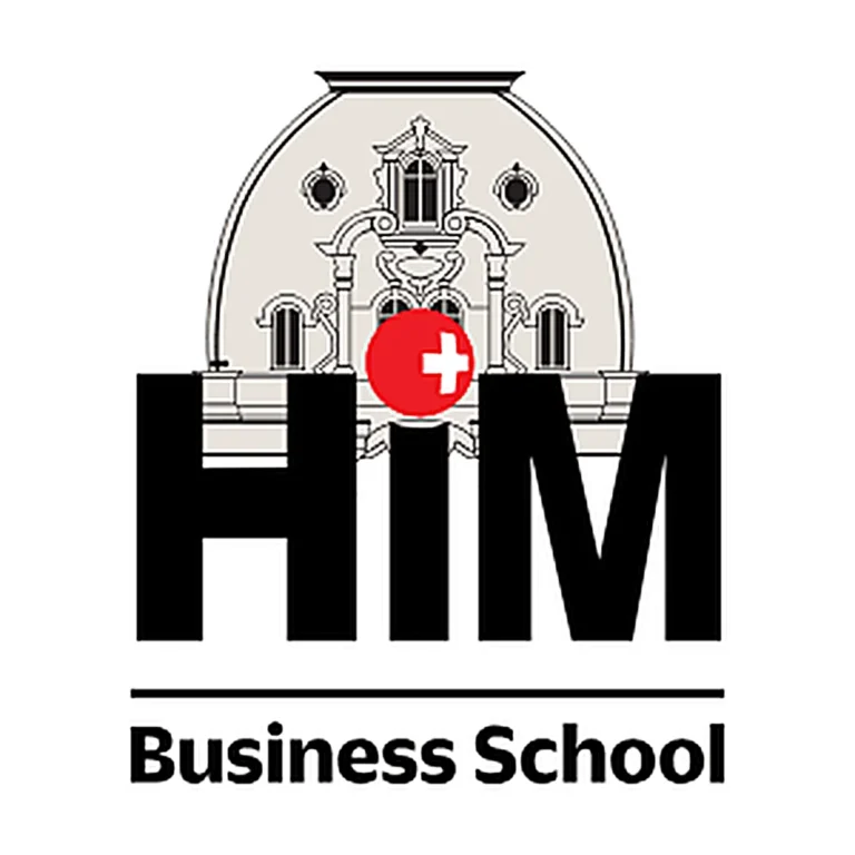 Hình ảnh logo chính thức của trường HIM Business School với biểu tượng tòa nhà cổ điển và chữ thập trắng nền đỏ đặc trưng của Thụy Sĩ.